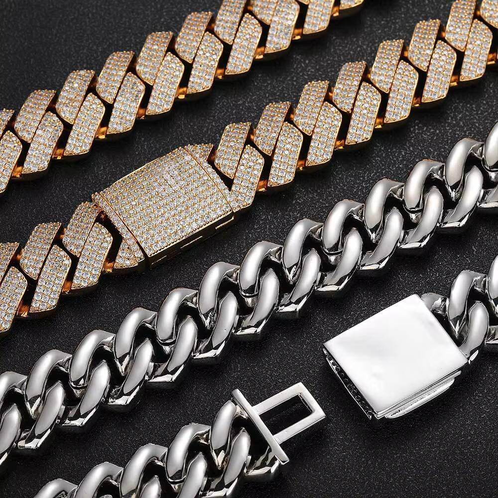 Wholesale Men Hip Hop Jewelry 20mm 3 Rows Gold Chunky Necklace Iced Out Cz Prong Cuban Link Chain Necklace Diamond Cuban Chain
