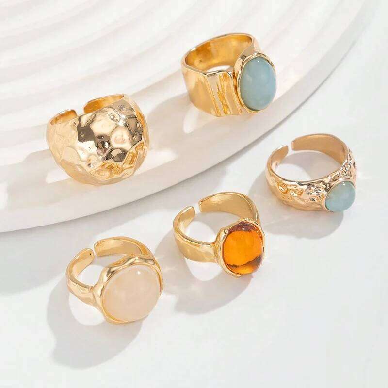 Vintage Chic Stone Inlaid Ring Set for Women Simple Chunky Gold Color Geometric Rings Daily Wear Party Jewelry Gifts