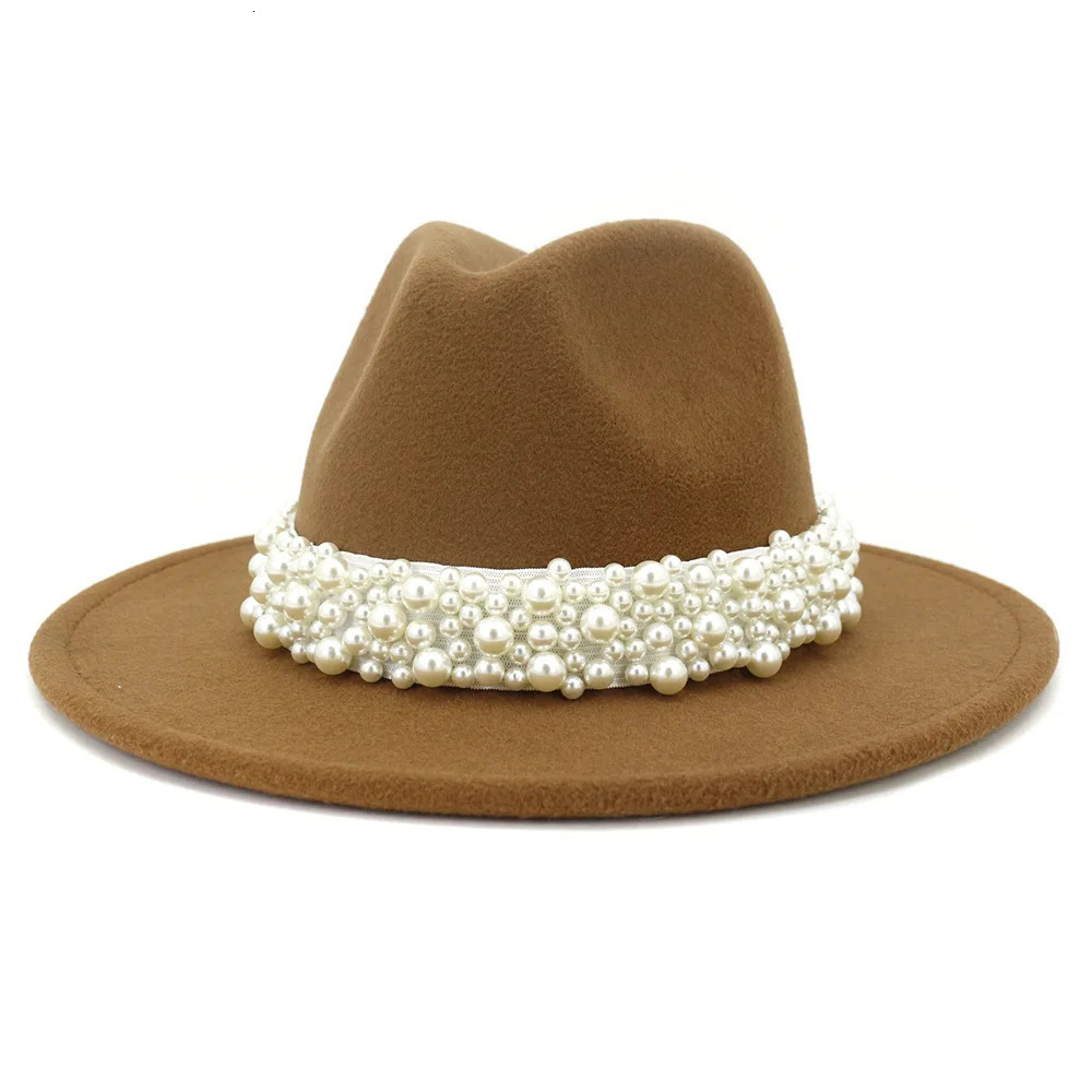 Jazz Fedora Hats with Pearls Band Women White Felted Top Cap Trendy Wide Brim Church Party Female Dress Hat Outdoor Sunhat 250930