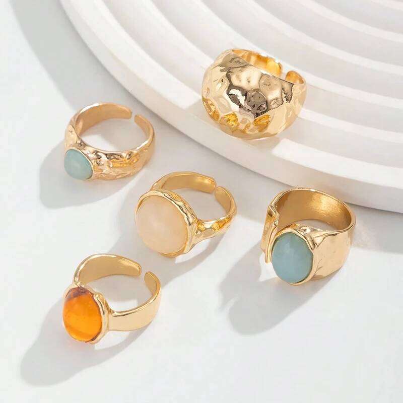 Vintage Chic Stone Inlaid Ring Set for Women Simple Chunky Gold Color Geometric Rings Daily Wear Party Jewelry Gifts