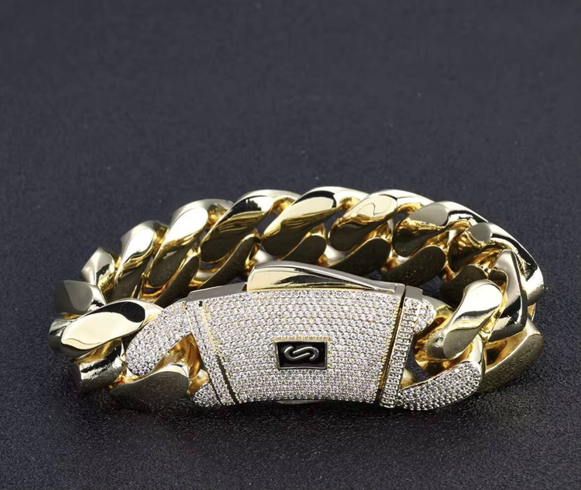 High Quality Monaco Chain Cuban Link Necklace Iced Clasp Smooth Gold Plated Party Bracelets Bangles Type Jewelry