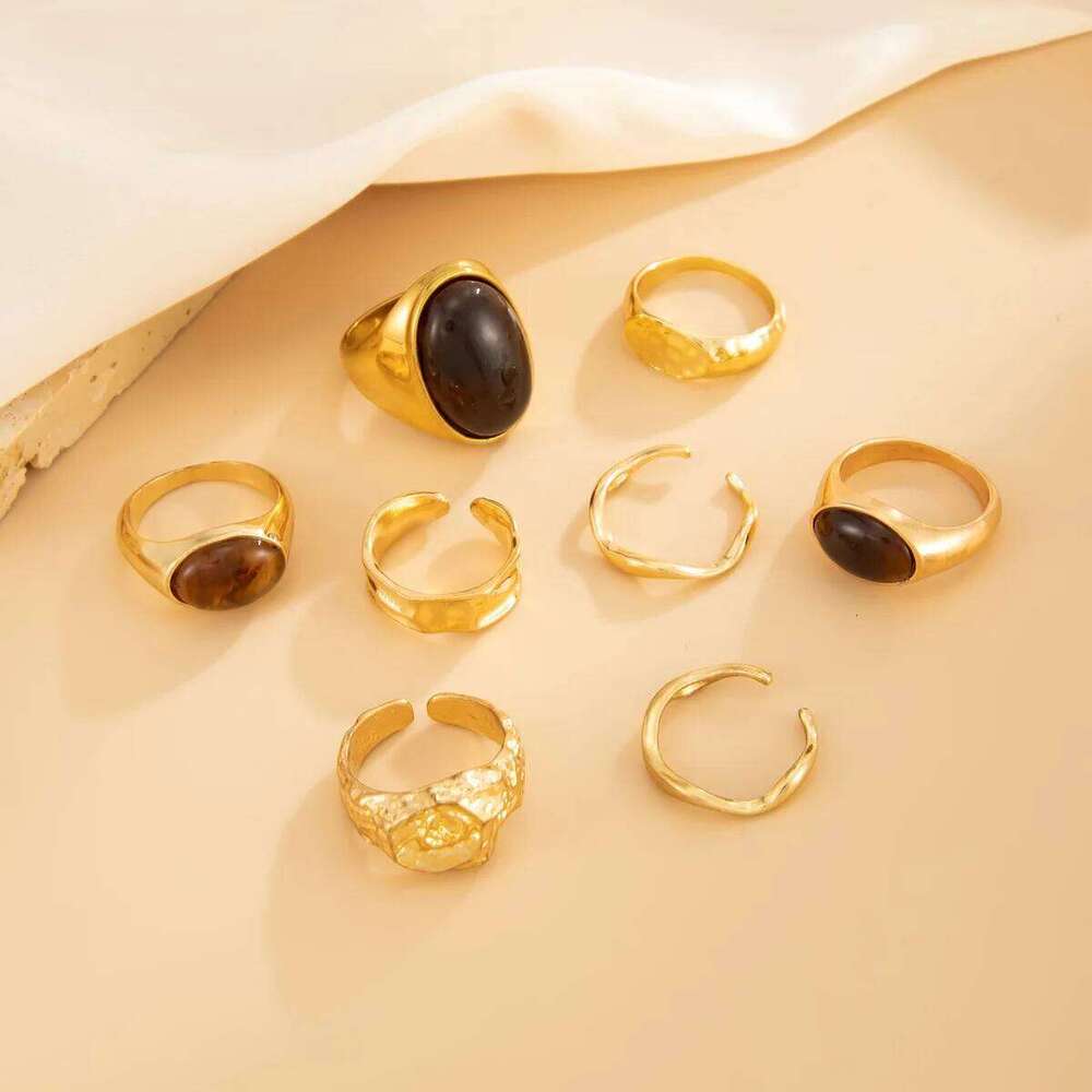 8Pcs/Set Vintage Brown Stone Open for Women Geometric Irregular Texture Index Finger Rings Set Simple Jewelry Accessories