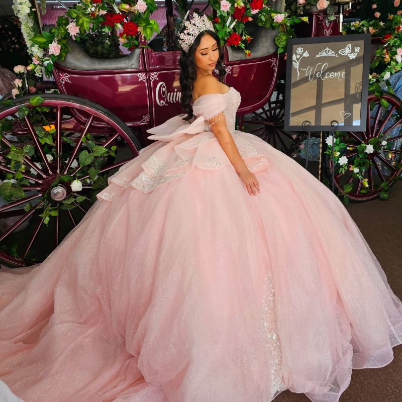 Pink Shiny Quinceanera Dresses Off The Shoulder Sequin Applique Lace Beading Crystal Tull Party Birthday Sweet 16 Dress Vestidos 15 De Anos