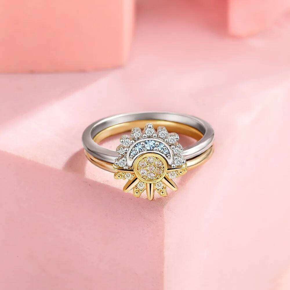 Sier Sun and Moon Couple Ring Set Sky Blue Sparkling Cubic Zirconia Rings Promise Fine Jewelry Gifts for Valentines Day