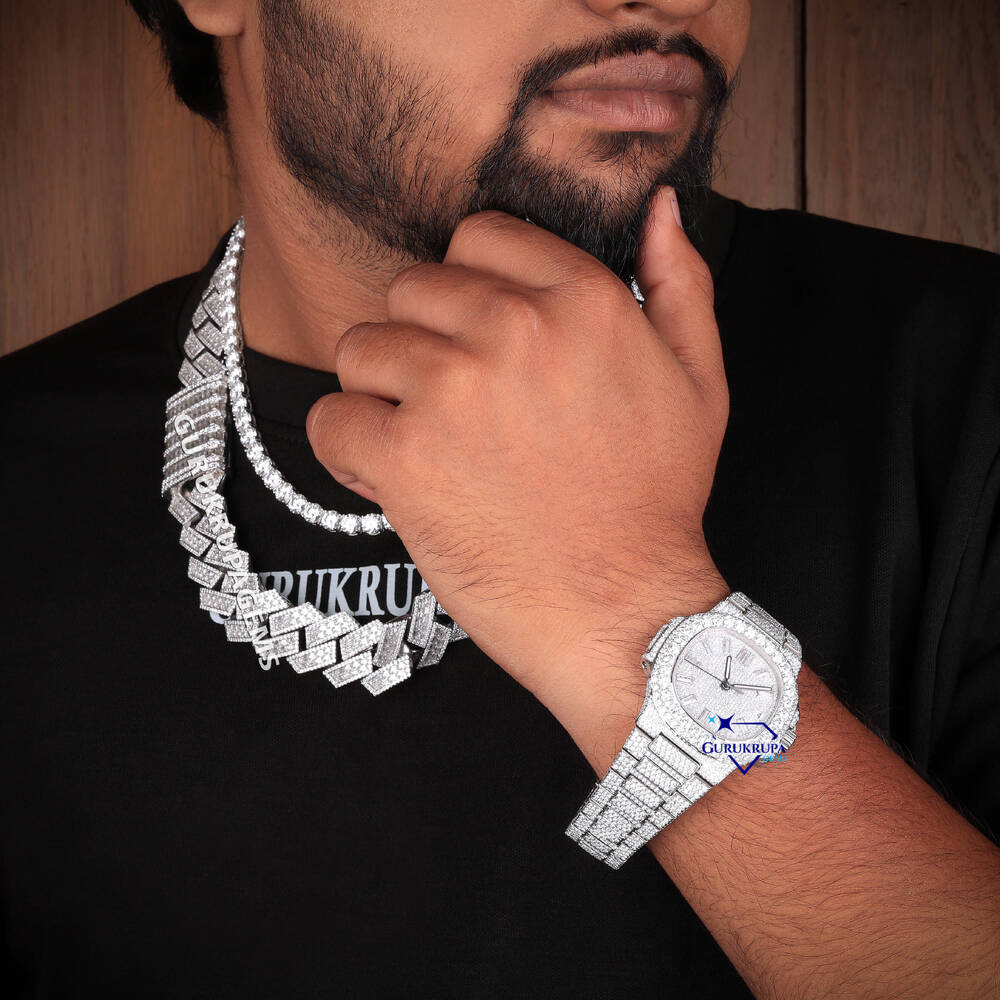 Premium 925 Silver Moissanite Chain with Matching Diamond Watch Iced Out Cuban Set for Men Stylish Hip Hop Bling