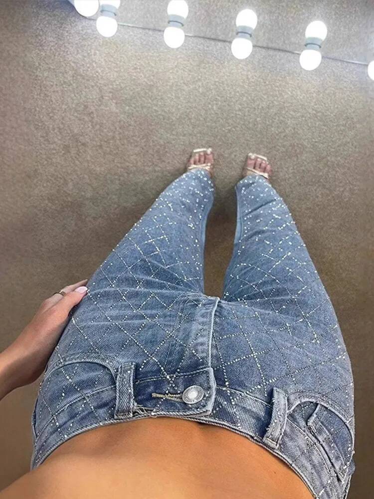 Dia-shaped Rhinestones Woman's Denim Shiny Dia Straight Jeans for Women Rise Trousers Y2k High Street Pants dongdumaoyi