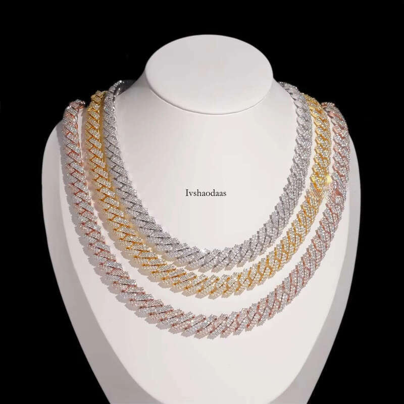Ready Made Leading Factory Direct Sale 12mm Cuban Link Moissanite 2 Row Prong Chain Pass Dia Tester GRA Certification