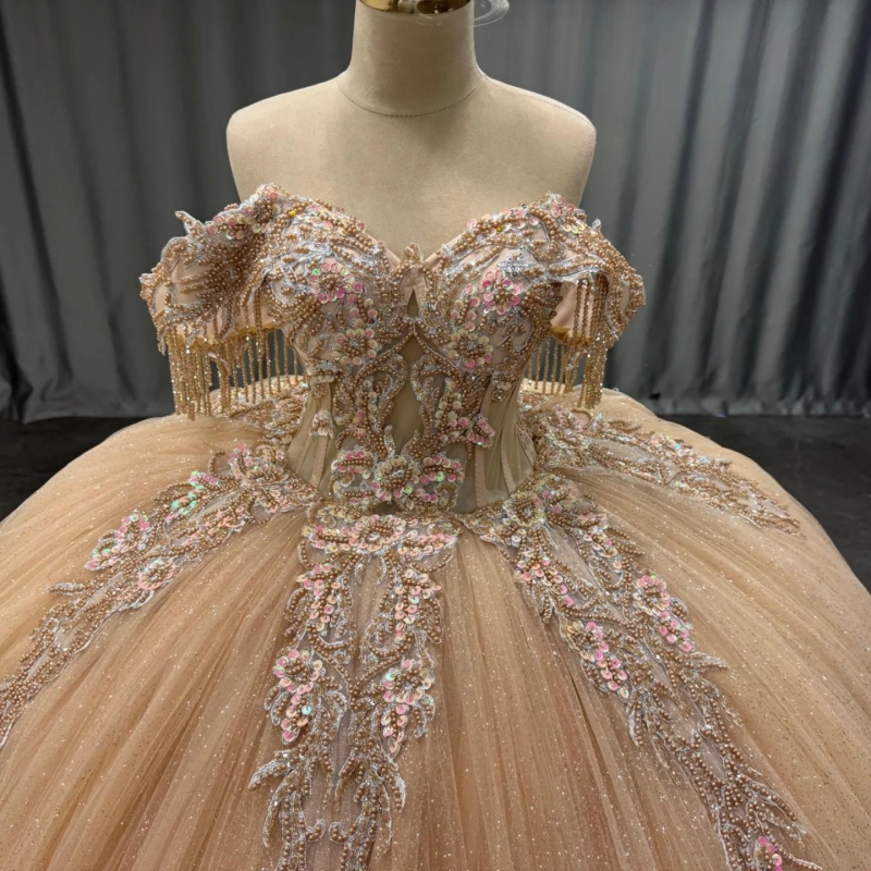 Champagne Shiny Quinceanera Dresses Off The Shoulder Sequin Applique Lace Beading Tiered Tull Party Birthday Sweet 16 Dress Vestidos 15 De Anos