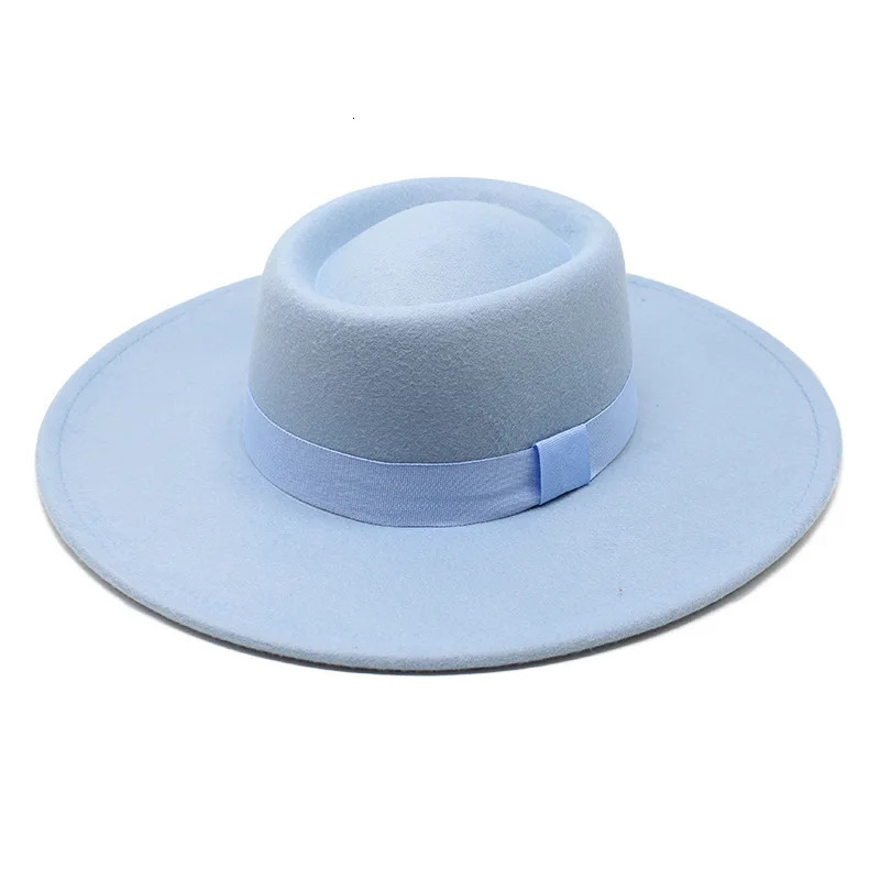 95cm Brim Round Top Hat Solid Color Flat Top Boater Style Fedora Hats for Women Men Party Wedding Church Felt Cap 250930