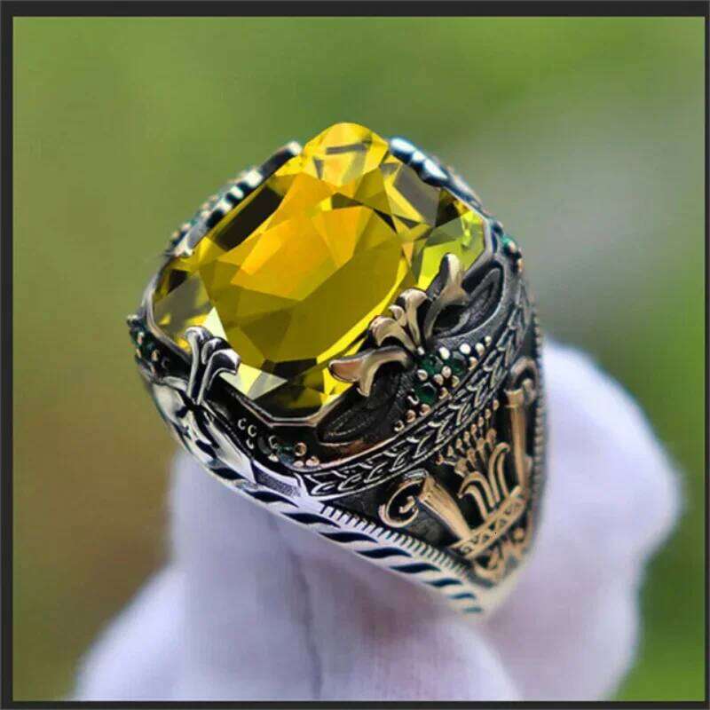 Retro Handmade Turkish Signet Rings for Men Ancient Sier Color Carved Mystic Zircon Inlay New Punk Motor Biker Ring