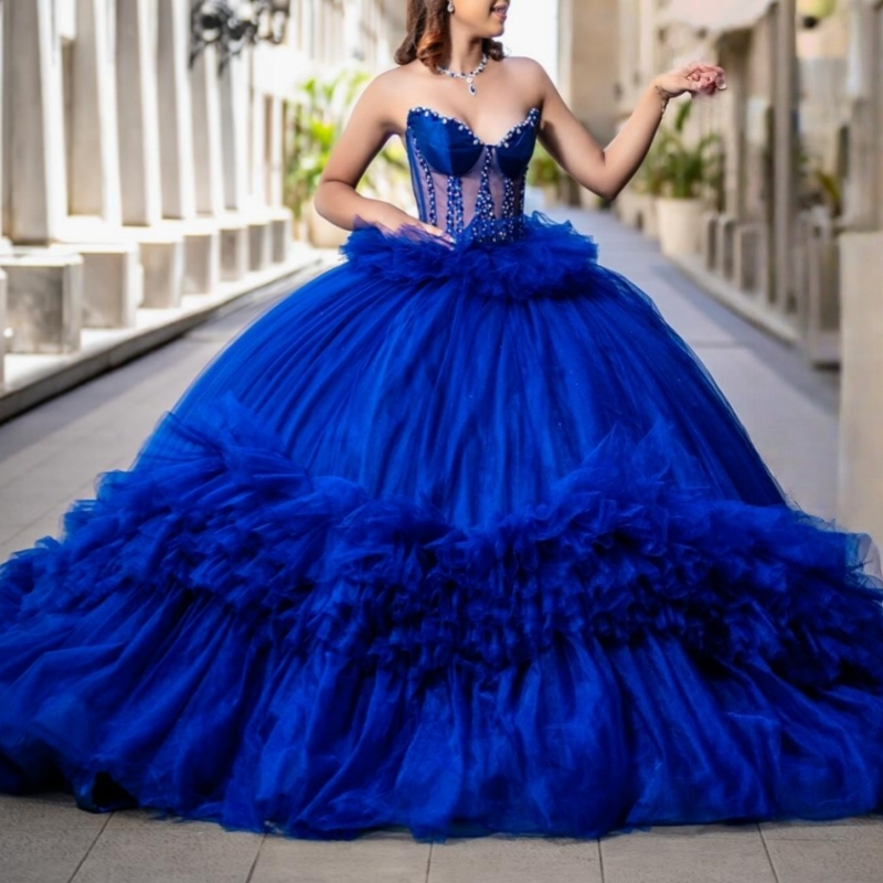Royal Blue Quinceanera Dresses Off The Shoulder Beading Crystal Tiered Tull Party Birthday Sweet 16 Dress Vestidos 15 De Anos
