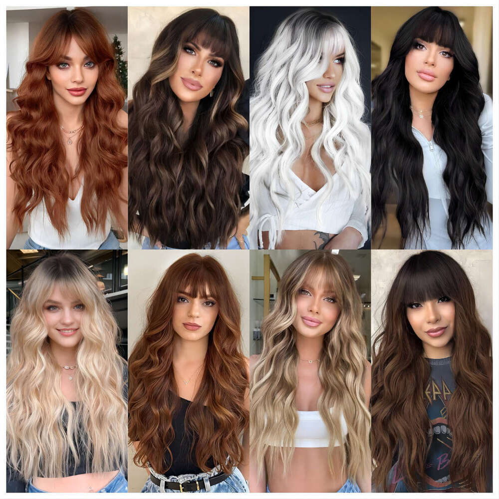 Temu Hot Selling for Women Black Gradient White Bangs Big Waves Long Curly Hair High Temperature Fiber Full Wig