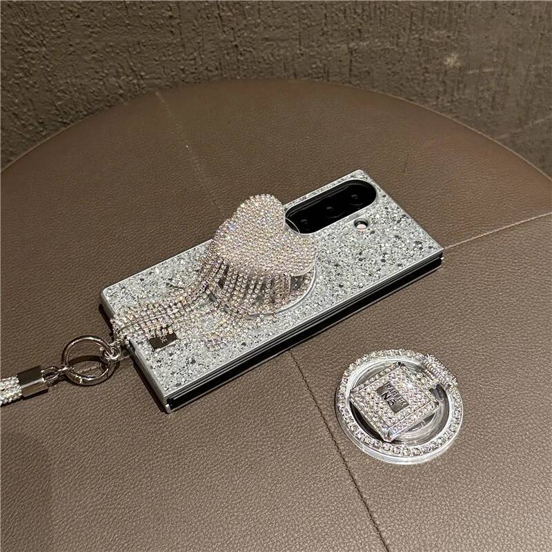 Fashion Glitter Magnetic Phone Case For Samsung Galaxy Z Fold 7 6 5 4 3 Fold6 Fold7 Cover with Magsafe Love Stand Chain Cases