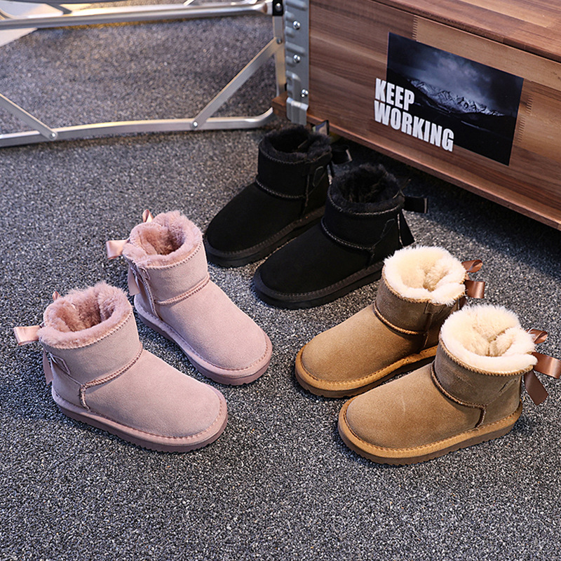 EBV designer shoes free shipping High quality cowhide new warm and anti slip fashionable bow children's snow boots size 25-36 black brown pink