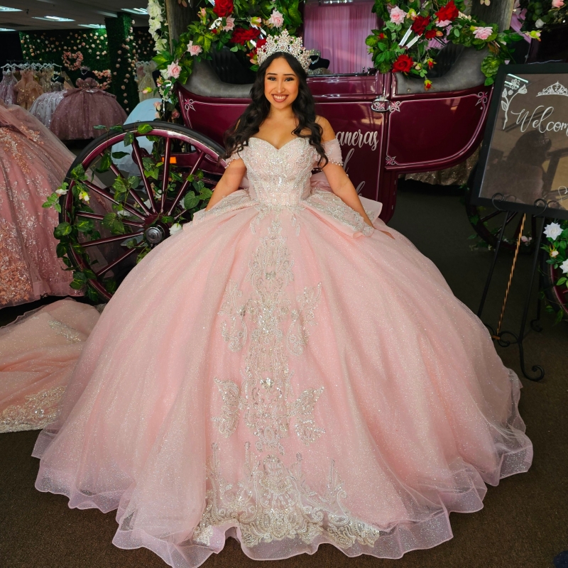 Pink Shiny Quinceanera Dresses Off The Shoulder Sequin Applique Lace Beading Crystal Tull Party Birthday Sweet 16 Dress Vestidos 15 De Anos