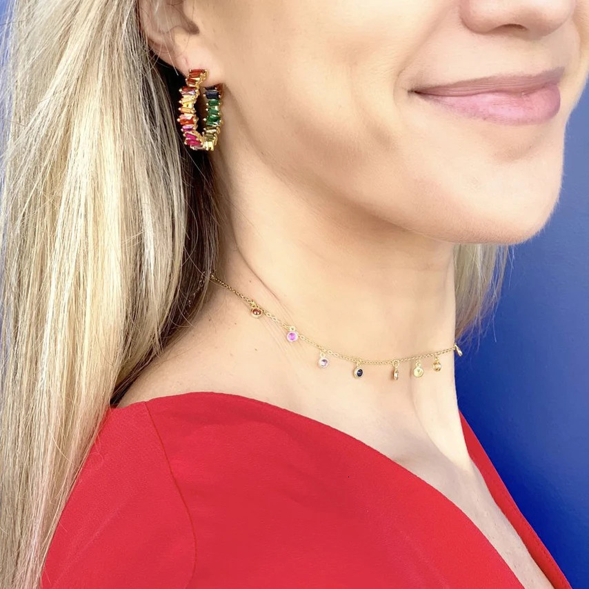 Rainbow colorful cz hoop earring gold color classic gorgeous european fashion huggie jewelry for women 250930