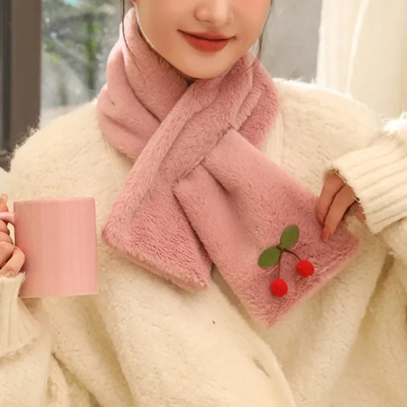 FANAN Winter Rabbit Fur Scarf Women Thickened Warm Cherry Decorative Scarf Cute Pink Comfortable Plush Scarf 250929