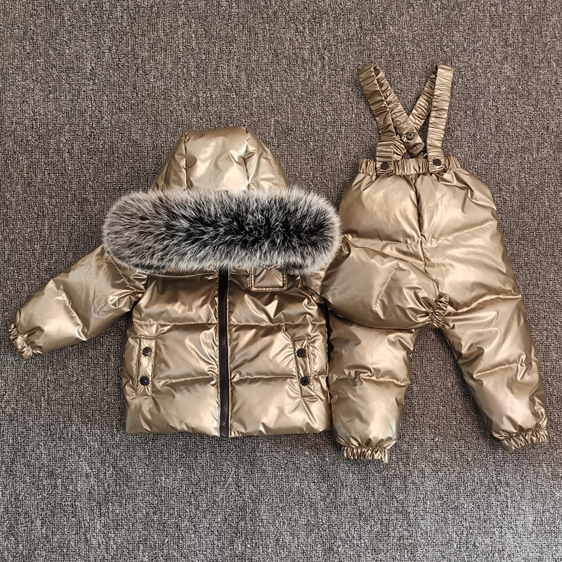 New Winter Edition Kids Down Jacket Overalls Set Big Fur Collar Boys Girls Babies Children's Clothing Skiing Clothes