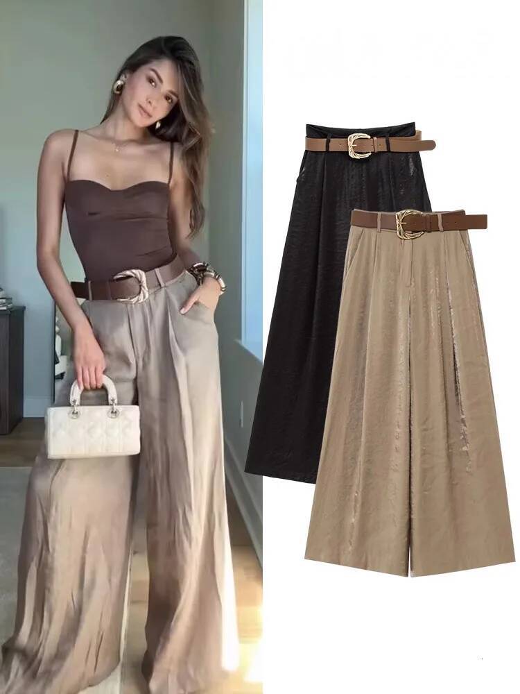 Women New Fashion Solid Belt Wrinkles Decorate Casual Loose Trousers Female Chic Zipper Side Pocket Slim Wide Leg Pants dongdumaoyi