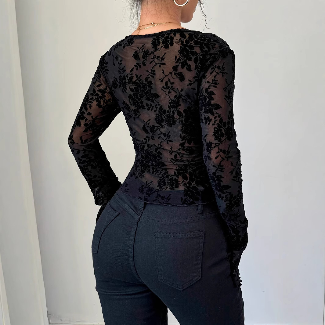 New Autumn-Winter Women's V-Neck Lace Mesh Blouse with Flared Sleeves T-Shirt Dress