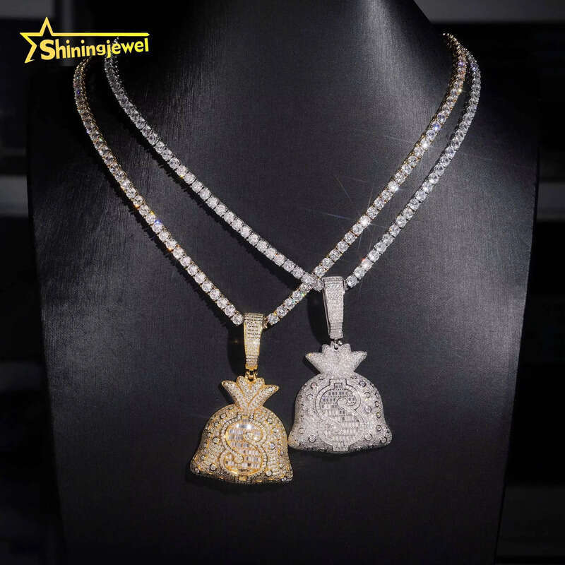 Solid Back Hip Hop Jewelry Money Bag Custom Iced Out Fashion Sier VVS Moissanite Baguette Dia Wealthy Pendant