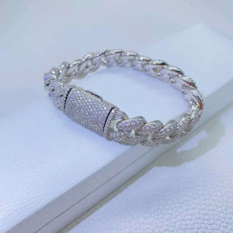 12mm 2 Rows Micro Paved D VVS Lab Dia Link Chain Iced Out Sier Moissanite Cuban Bracelet