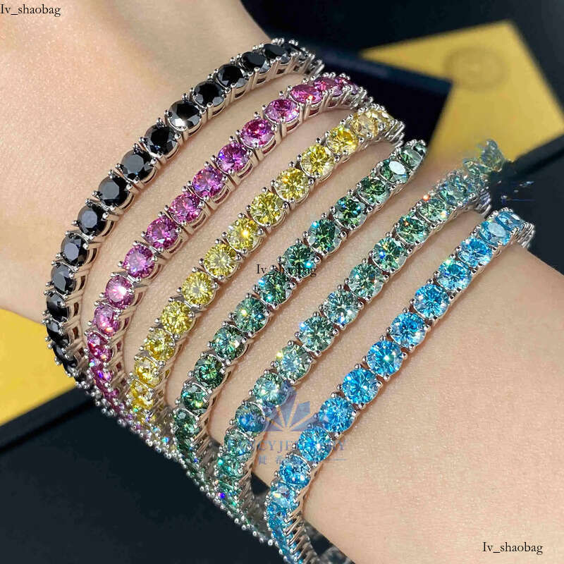 FancyJewelry Hip Hop Sterling Sier VVS Dia 3mm Moissanite Tennis Bracelet Black Blue Blue-Green Yellow Pink