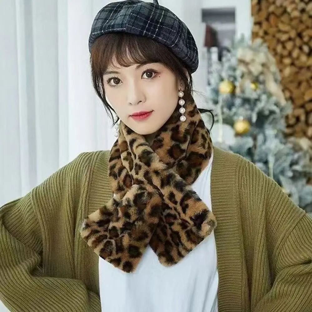 Thicken Warm Leopard Print Scarf Soft Faux Rabbit Fur Faux Fur Scarf Faux Collar Windproof Plush Scarf Winter Season 250929