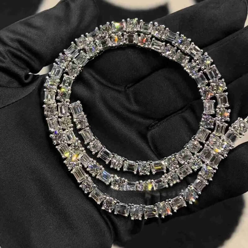 F Color Vvs Baguette/emerald Dia Tennis Chain Necklace Real Sterling Sier 5mm Moissanite