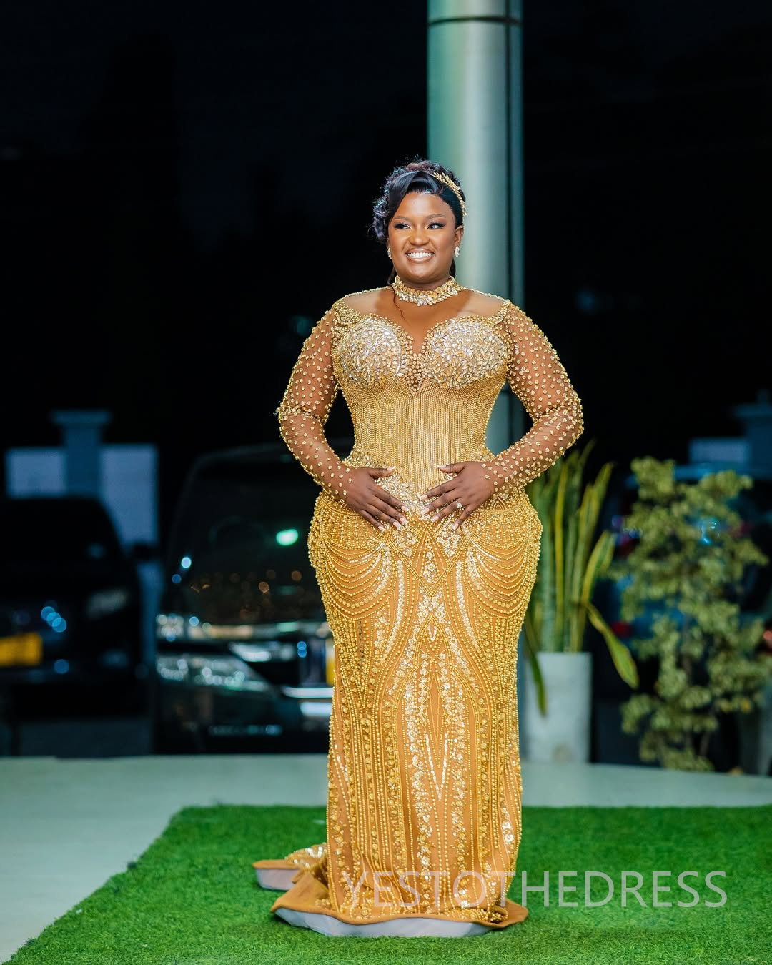 2025 Plus Size Gold Prom Dress Evening Dresses Formal Gowns Illusion Mermaid High Neck Long Sleeves Beaded lace Crystals Birthday Dress Second Recepti