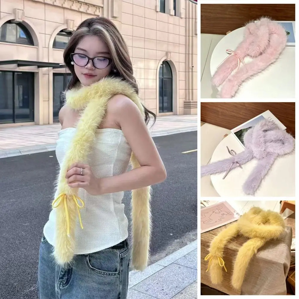 Fashion Solid Color Y2k Bow Scarf Fluffy Harajuku Bowknot Fur Scarf Sweet Women Scarf Female 250929