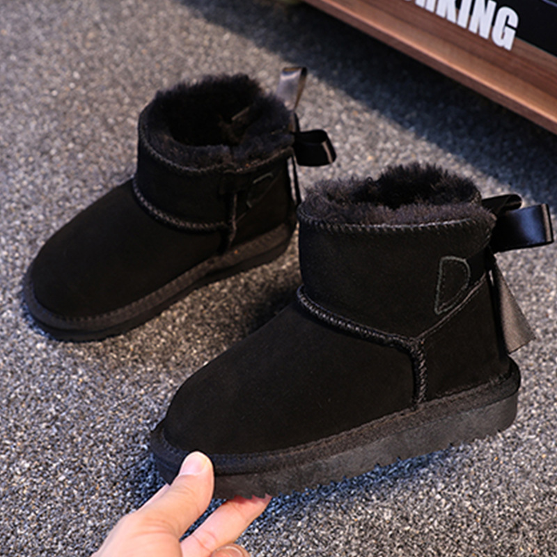 EBV designer shoes free shipping High quality cowhide new warm and anti slip fashionable bow children's snow boots size 25-36 black brown pink