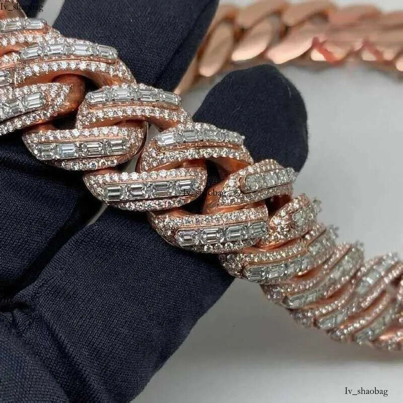 Rappers 24mm Iced Out Rose Gold Emerald Cut Moissanite Cuban Link Mens Hip Hop Miami Chain