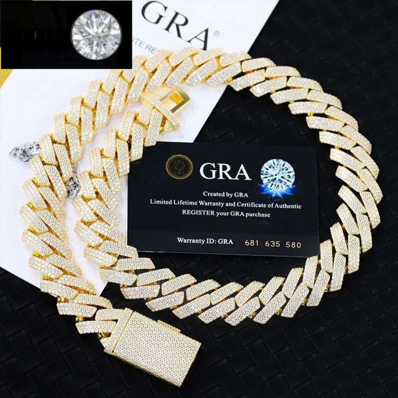 moissanite cuban k chain Hiphop 20mm Sier Yellow Gold Plated Vvsmoissnaite Cuban Chain Necklace man