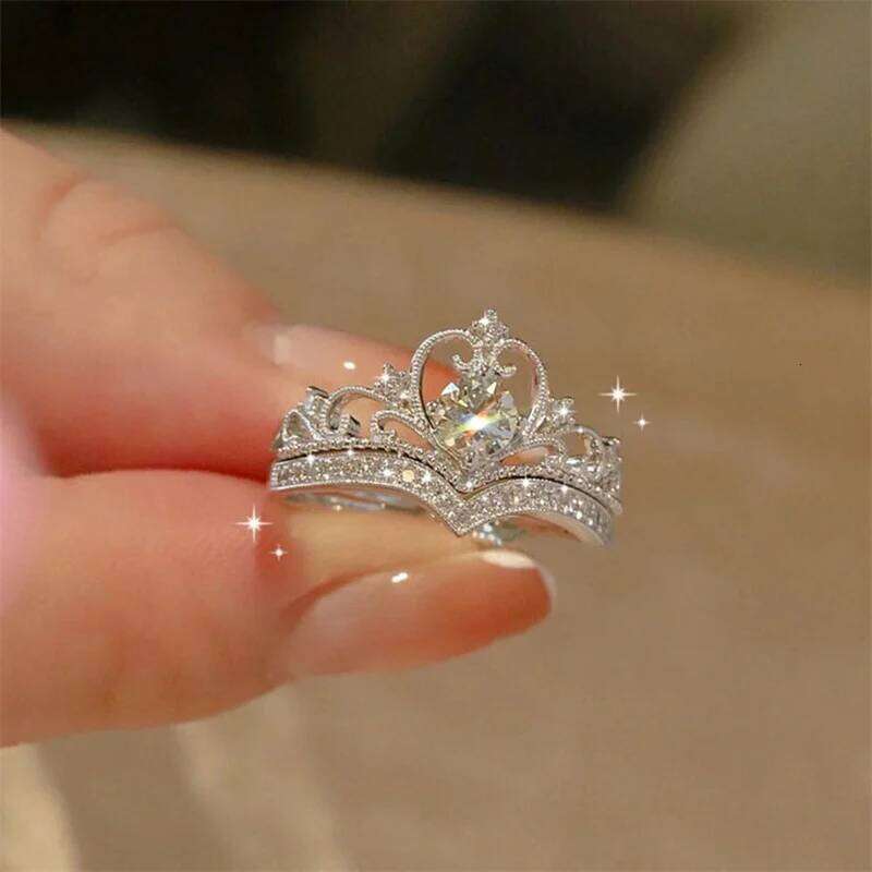 2PCS Fairy Sparkling Crown Rings for Women Teen Crystal Korean Adjustable Siery Anniversary Gift Party Queen Ring Set Jewelry