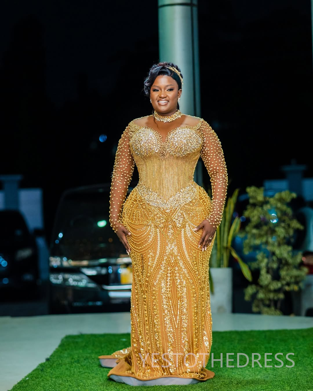 2025 Plus Size Gold Prom Dress Evening Dresses Formal Gowns Illusion Mermaid High Neck Long Sleeves Beaded lace Crystals Birthday Dress Second Recepti