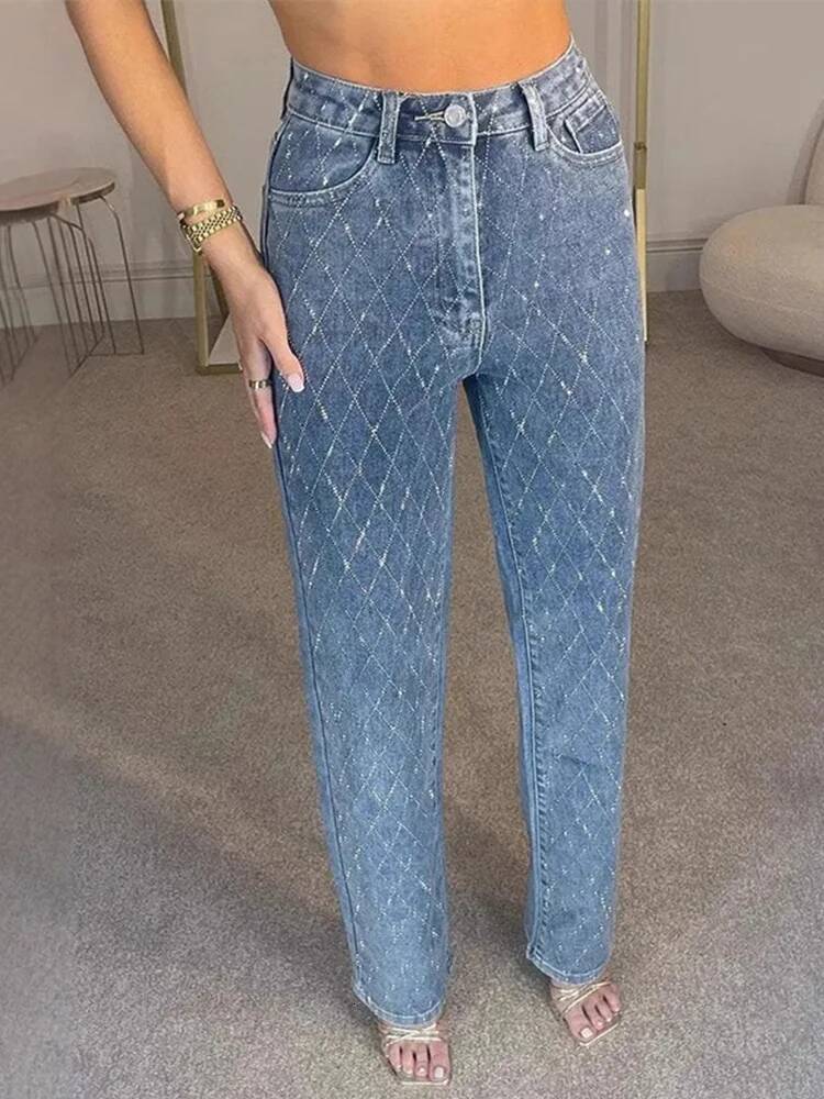 Dia-shaped Rhinestones Woman's Denim Shiny Dia Straight Jeans for Women Rise Trousers Y2k High Street Pants dongdumaoyi