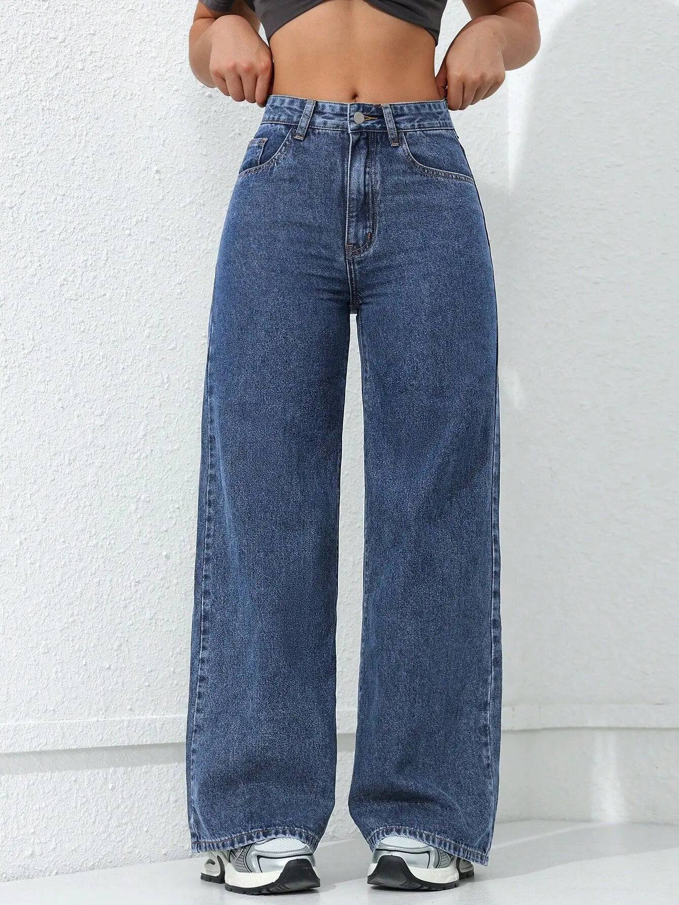 Retro Loose Wide Leg Jeans Fashion Women Solid Straight Wash High Elastic Waist Denim Pants Casual Streetwear Pocket Trousers dongdumaoyi