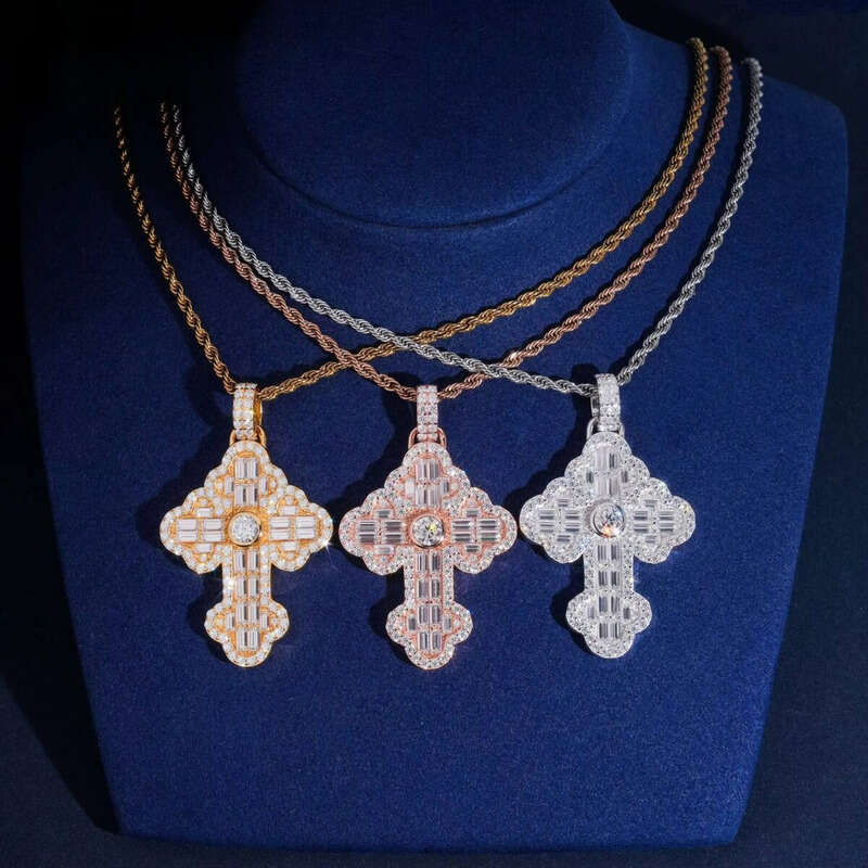 Hip Hop Style Tennis Chain Cross Necklace Sparkling Sterling Sier VVS Moissanite Custom Iced Out Pendant