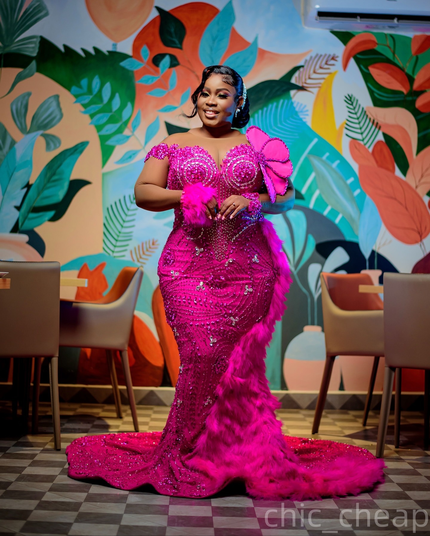 Mermaid Fuchsia Prom Dresses 2025 Beaded Crystals Feather Florals Evening Formal Party Second Birthday Engagement Gowns Plus Size Dress For Special Oc