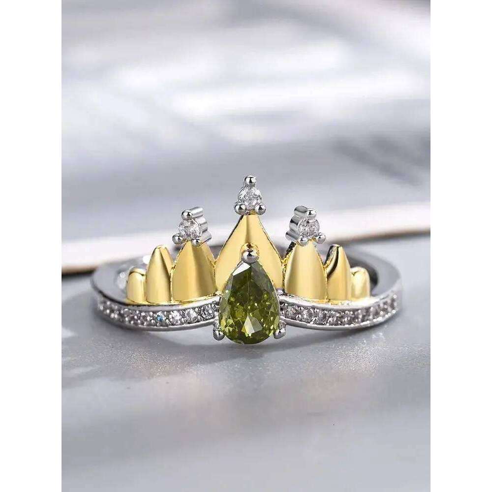 Princess Crown Ring, Jewelry For Women ,Trendy Wedding Party Accessories,Sier Plated ,Adjustable, Green Zircon , Ring Gifts