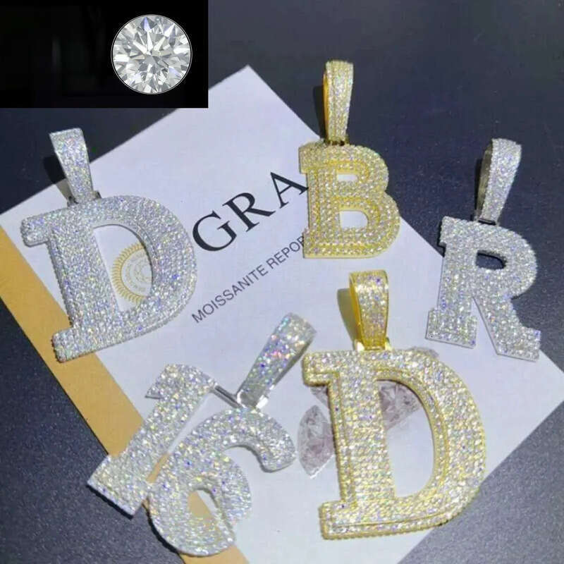 A-Z Sterg Sier Shiny VVS Moissanite Letter Pendant with 3mm 24inch Rope Chain Jewelry for Men Women Nice Gift