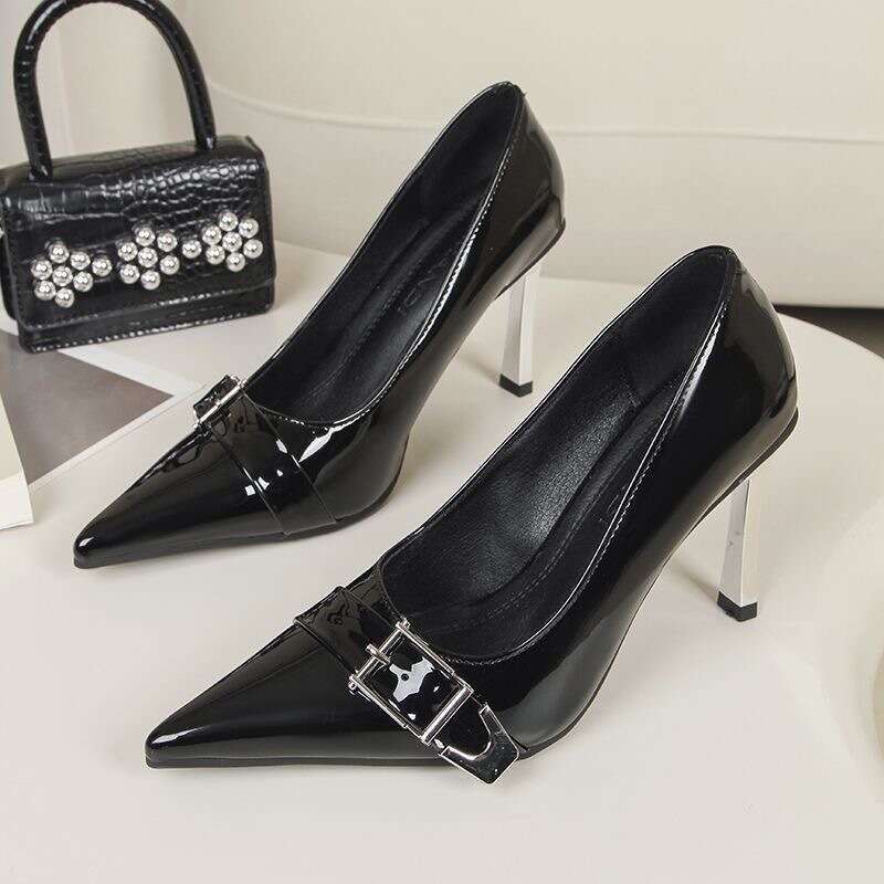 Sexy Socialite Black Silk Stiletto Designer Shoe High heels 2025 New Pointed Shallow Metal Bheelt Buckle Patent Leather Single Shoes Women