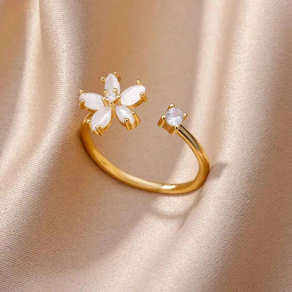 Gemstone Flower Stainless Steel Rings Zircon Adjustable Ring Women Wedding Anti Fading Jewelry Vacation Accessories Gift