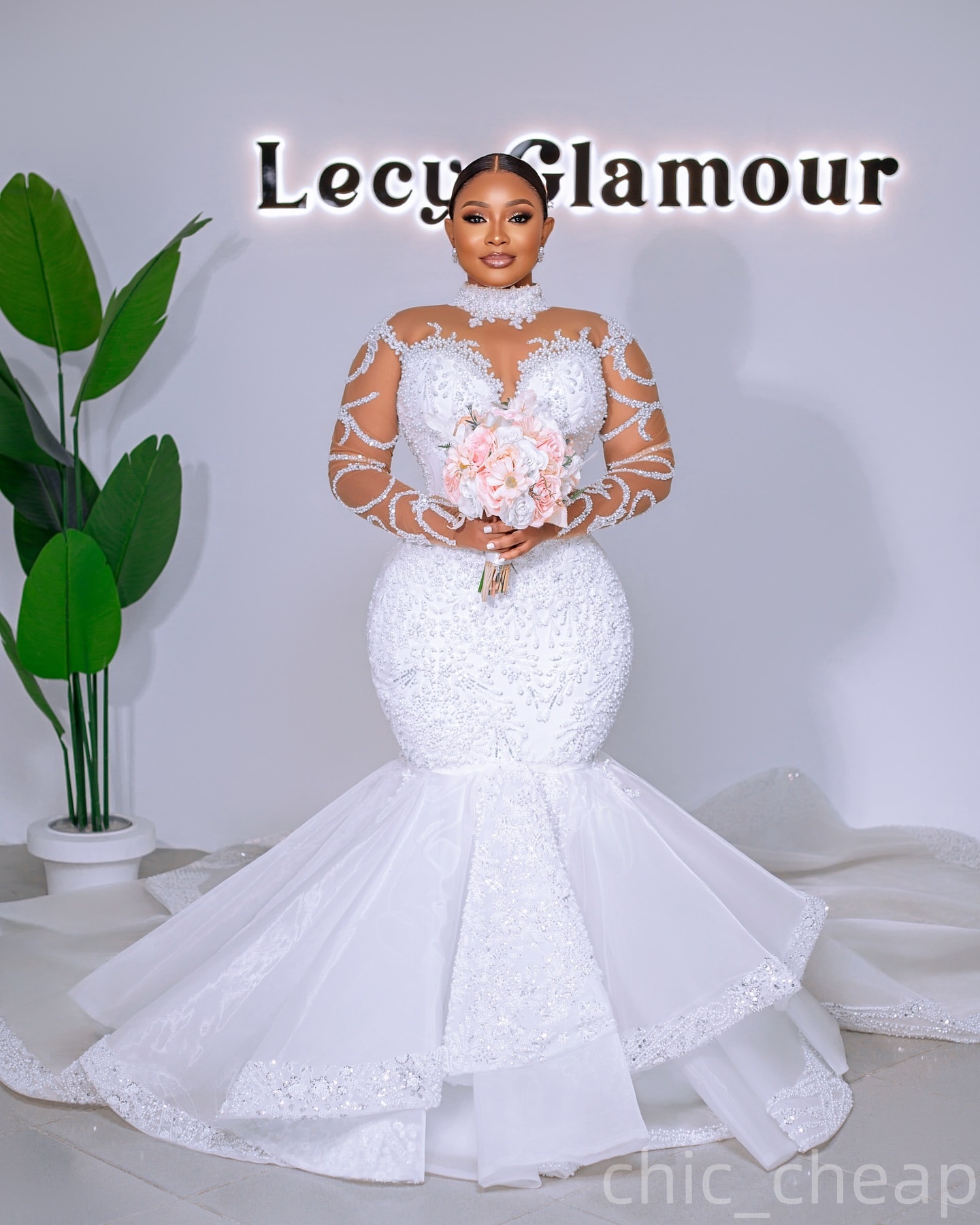 2025 Aso Ebi Plus Size Ivory Mermaid Wedding Dress Pearls Lace Sheer Neck Long Sleeves Organza Bridal Gowns Dresses robe de mariee ZHJ0452