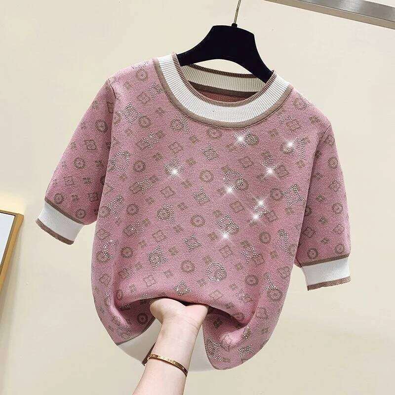 2025 Spring Women Fashion Short Sleeve Sweater Female Knit Glitter Stones T Shirt Femme Vintage Slim Summer Tops