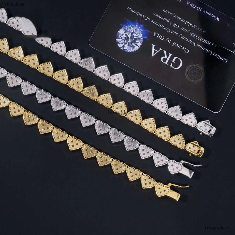 8mm Heart Shape Hip Hop Jewelry Dia Iced Out Cuban Link Chain Moissanite Necklace Bracelet for Men Women