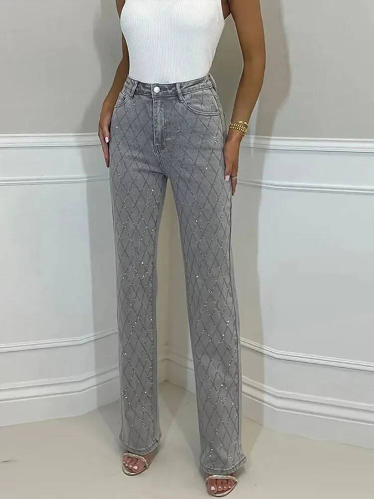 Dia-shaped Rhinestones Woman's Denim Shiny Dia Straight Jeans for Women Rise Trousers Y2k High Street Pants dongdumaoyi