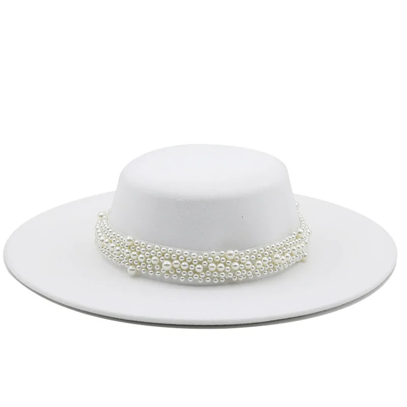 French Socialite Style Pearl Chain White Flat Top Fedora Hats for Women Autumn Spring Big Brim Boater Top Hat for Party Wedding 250930