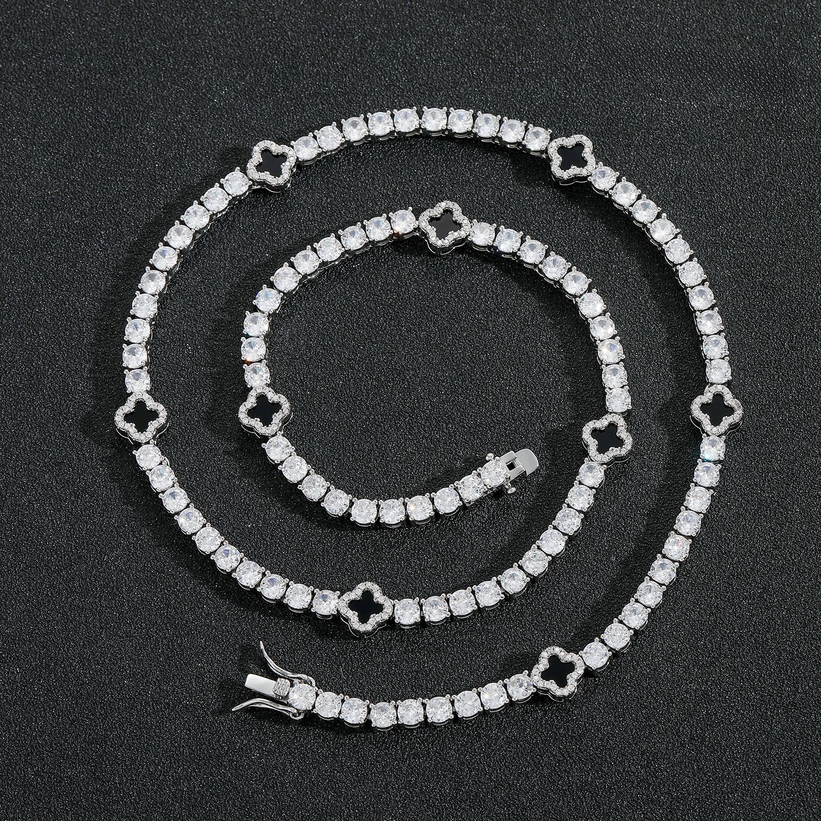 Accept Customized Natural Clover Black Agate White Gold Plated Tennis Chain Necklace Moissanite Silver Chains Jewelry Necklace